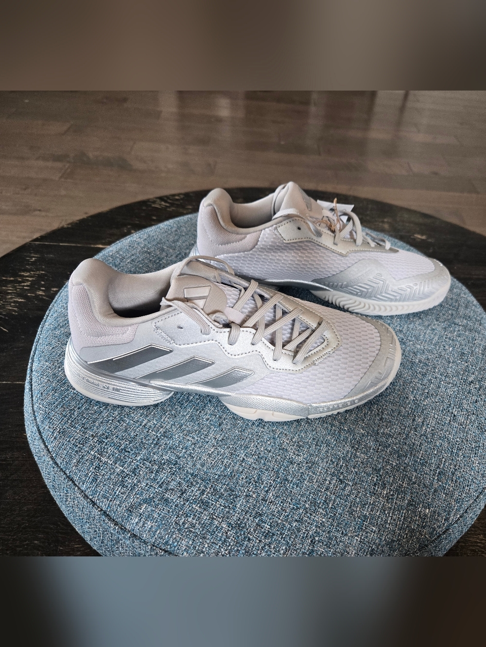 Adidas Barricade K (Kids) Tennis Shoes, Light Gray and White